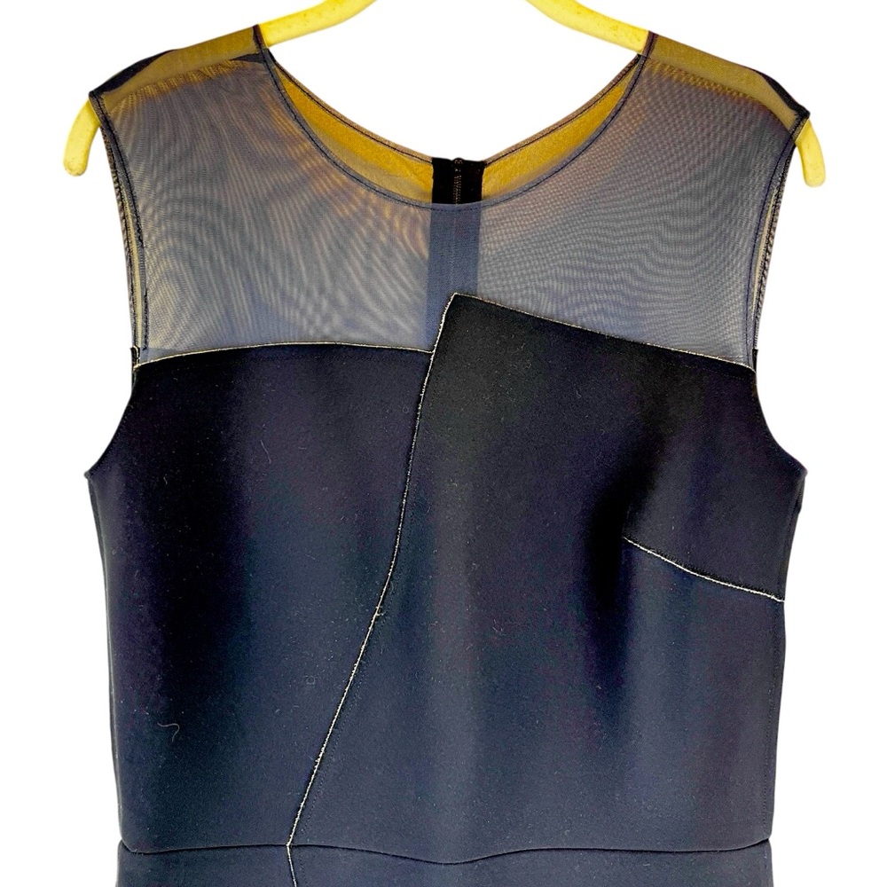 Sandro Paris Rhode Dress Asymmetrical Mesh Illusion Neckline Hemline Navy Sz 6/8 - Picture 5 of 13